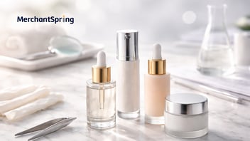 Abstract arrangement of premium skincare products in a clean, professional setting representing Amazon’s Premium and Professional Beauty category