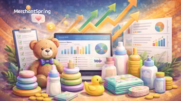 Abstract illustration of baby products like bottles, toys, and care items alongside ecommerce charts and upward trends, representing growing demand in Amazon baby categories.
