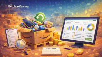 Illustration of an Amazon return pallet filled with mixed returned items, surrounded by analytics dashboard, checklist, and coins, representing resale opportunities and risks for ecommerce sellers.