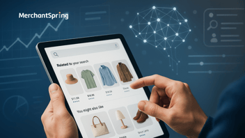 A shopper scrolls through AI-personalized product recommendations on a digital device, surrounded by abstract search data and algorithmic interface elements—illustrating Amazon’s evolution to AI-powered, intent-based search