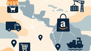 A flat-style digital illustration visualizing cross-border e-commerce in Latin America. A stylized map highlights Mexico, with icons for shipping, marketplaces, and logistics hubs representing Amazon and MercadoLibre's regional expansion