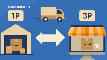 Flat-design illustration showing the transition between Amazon’s 1P vendor model and 3P seller model, connected by arrows and sales growth icons