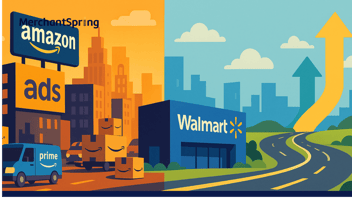 A split-screen digital illustration showing Amazon’s crowded skyline with Prime boxes and ads on the left, and Walmart’s bright cityscape with growth arrows on the right, symbolizing marketplace expansion opportunities
