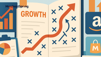 Flat-style digital illustration of an open playbook with growth charts, arrows, and marketplace icons, symbolizing Amazon agency scaling strategies