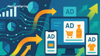 Flat-style illustration of Amazon retail data streams transforming into digital ads, shopping carts, and products—symbolizing DSP-powered ROI growth