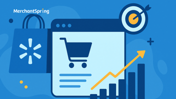 Flat-style digital illustration featuring abstract retail media elements like shopping carts, product grids, and data dashboards, representing agency expertise in Walmart Connect advertising.