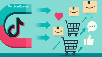 A flat-style digital illustration shows TikTok’s influence on Amazon growth, with a TikTok magnet attracting shopping carts, product boxes, and engagement icons, symbolizing how agencies can use TikTok to scale brands