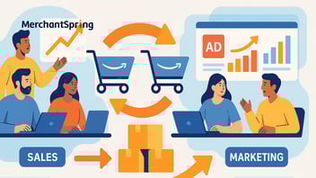 A flat-style digital illustration shows FMCG sales and marketing teams aligning on Amazon growth, with shopping carts, product boxes, dashboards, and charts connected by arrows to symbolize collaboration and profitability