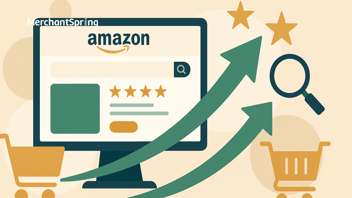 A flat-style digital illustration shows an Amazon product listing with upward arrows, shopping carts, review stars, and a magnifying glass icon, symbolizing conversion optimization and growth