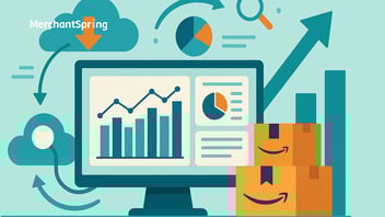 A flat-style digital illustration shows an Amazon vendor analytics dashboard with charts, graphs, and connected product boxes linked by upward arrows and data flow icons, symbolizing how smart insights drive vendor growth and profitability