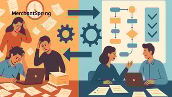 A flat-style digital illustration contrasts chaos and clarity: on the left, cluttered papers and stressed professionals represent disorganized agency operations; on the right, flowcharts, checklists, and calm team members symbolize how SOPs streamline Amazon agency success