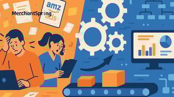 A flat-style digital illustration shows an Amazon agency transforming from chaos to structure — with cluttered tasks on one side transitioning into streamlined gears, flowcharts, and dashboards, symbolizing systemization and scalable growth
