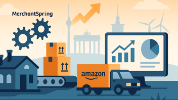 A flat-style digital illustration shows small German businesses scaling Amazon vendor growth efficiently, with compact warehouses, conveyor belts, and analytics dashboards symbolizing lean operations and smart resource use