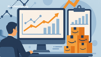 A flat-style digital illustration shows an Amazon Vendor workspace with analytics dashboards, warehouse icons, and growth arrows, symbolizing profit optimization and strategic planning in 2024