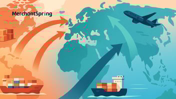 A flat-style digital illustration of global trade routes shifting toward Europe, with cargo ships and airplanes redirecting toward the continent, symbolizing strategic expansion amid rising tariffs