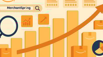 A flat-style digital illustration showing Amazon search listings rising in ranking, with upward arrows, analytics icons, and star ratings representing improved organic performance