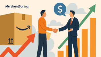 Flat-style digital illustration showing two business professionals negotiating across a desk, with Amazon boxes and upward arrows symbolizing cost and margin discussions