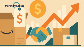A flat-style digital illustration shows Amazon product boxes, price tags, and upward arrows representing vendor retail pricing strategies, margin protection, and profitability growth