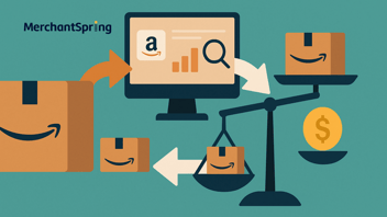 A flat-style digital illustration shows Amazon boxes, marketplace icons, and balance scales connected by arrows, symbolizing the transition from Vendor Central to Seller Central with profitability and growth in focus