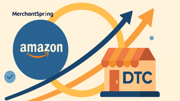 A flat-style digital illustration shows the Amazon box icon and a DTC storefront connected by glowing circular arrows, with rising growth arrows and customer silhouettes symbolizing cross-channel synergy and brand trust