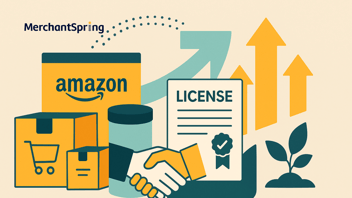 A flat-style digital illustration represents Amazon brand licensing with interlocking shapes, growth arrows, and product icons, symbolizing scalability, trust, and structured expansion