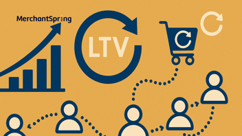 A flat-style digital illustration showing a rising graph, repeat purchase icons, and connected customer pathways symbolizing lifetime value and loyalty in Amazon strategy