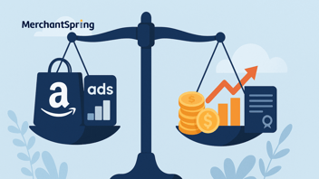 A flat-style digital illustration shows balanced scales, with Amazon marketplace power icons on one side and profitability symbols like coins, charts, and contracts on the other, representing strategies to counter Amazon’s dominance