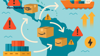 A flat-style digital illustration highlights Amazon expansion in Latin America with shipping containers, Amazon boxes, arrows, and risk symbols, representing both opportunities and challenges for brands in the region