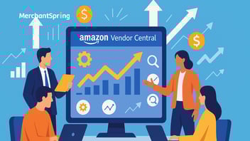 A flat-style digital illustration shows an Amazon Vendor Central dashboard surrounded by growth arrows, analytics icons, and agency professionals, symbolising super vendor accounts driving agency growth