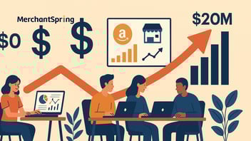 A flat-style digital illustration shows an Amazon agency team collaborating with laptops and analytics dashboards, alongside growth charts and dollar icons representing scaling from $0 to $20M in revenue