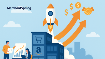 A flat-style digital illustration shows an Amazon agency’s growth represented by a rocket launch. At the base, professionals collaborate over charts and profit plans, the rocket trail forms upward arrows, and at the top, it transitions into dollar signs and a handshake, symbolizing a profitable exit