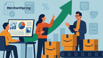 A flat-style digital illustration shows Amazon Vendor Central profitability strategies, with vendor managers analyzing dashboards, Amazon boxes on conveyor belts, and upward arrows symbolizing growth