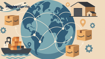 A flat-style digital illustration shows a global map with interconnected shipping routes, airplanes, cargo ships, warehouses, and Amazon packages symbolizing cross-border expansion through Vendor Central