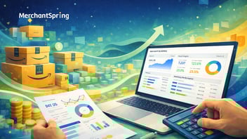 Abstract illustration of Amazon marketplace growth with analytics dashboards, shipping boxes, coins, and an upward arrow symbolizing brand growth through Amazon Vendor Central.