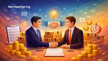 Illustration of two business professionals shaking hands over a contract with Amazon-style shipping boxes, coins, and business icons symbolizing Vendor agreement negotiations.