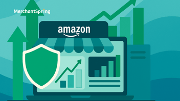 A flat-style digital illustration shows a protective shield hovering over an Amazon storefront dashboard on a laptop, surrounded by green growth arrows and performance metrics representing account health and proactive seller management