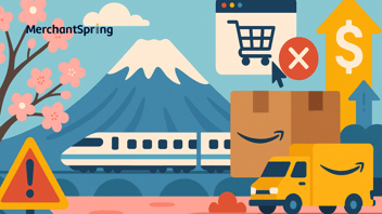A flat-style digital illustration combines Japanese cultural icons such as Mount Fuji, cherry blossoms, and a bullet train with Amazon boxes and delivery trucks, symbolizing the opportunities and challenges of Amazon Japan expansion