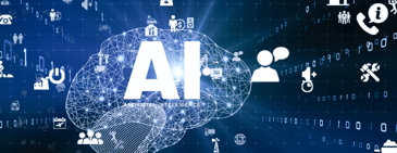 Artificial Intelligence concept banner showing a digital brain with the letters ‘AI’ in the center, surrounded by technology and communication icons, symbolizing data, automation, and innovation.