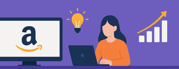 Feature banner showing a solo professional at a laptop with Amazon logo, growth chart, and lightbulb icons