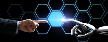 Futuristic banner showing a human hand reaching toward a robotic hand with glowing hexagonal shapes, symbolizing the intersection of AI and Amazon agency strategies