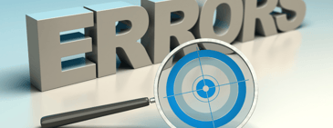 3D text spelling ERRORS with a magnifying glass focused on a blue target, symbolizing detecting and removing negative reviews