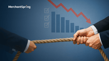 Two business professionals in suits engage in a tug-of-war over a rope, set against a blue financial backdrop featuring declining bar charts and a red downward arrow, symbolising tense Amazon vendor negotiations and margin pressure.