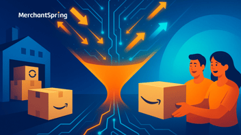 Abstract digital illustration of Amazon Direct Fulfillment workflow, showing streamlined vendor-to-customer delivery with fast, automated integration.